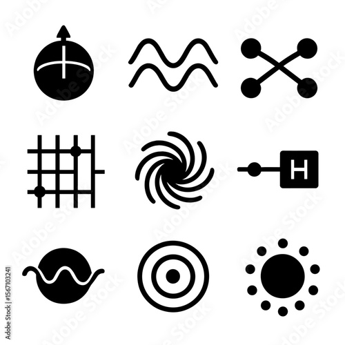 Quantum Computing Icons. Solid, filled icons set of quantum computing visualized as art: qubit sphere, wave