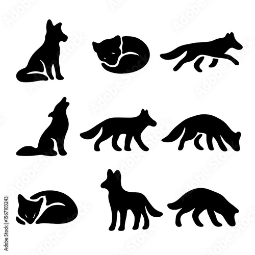 Wild Fox Icons. Solid, filled icon set of wild fox poses: sitting fox, curled up fox, running fox, howling fox, stalking fox,