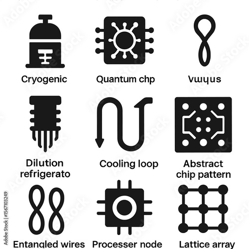 Quantum Hardware Icons. Solid, filled icons set of quantum hardware abstraction in art: cryogenic chamber,