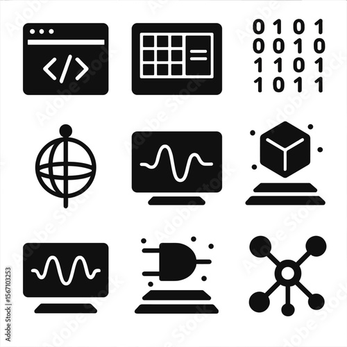 Quantum Interaction Icons. Solid, filled icons set of quantum computer interactions: code layer, user