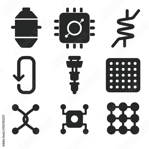 Quantum Hardware Icons. Solid, filled icons set of quantum hardware abstraction in art: cryogenic chamber,