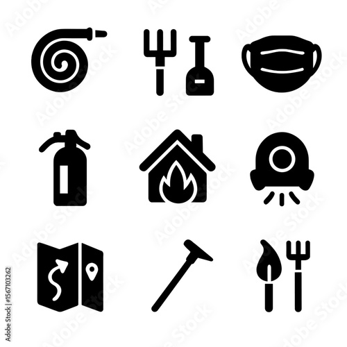 Wildfire Defense Icons. Solid, filled icon set of wildfire defense measures: fire hose, metal rake, water tank, face mask, fire