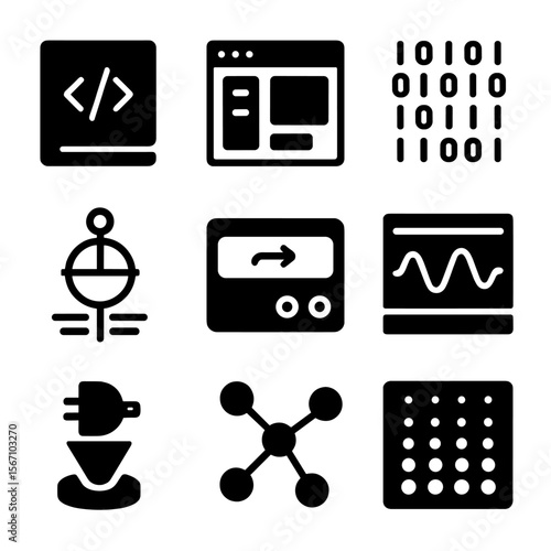 Quantum Interaction Icons. Solid, filled icons set of quantum computer interactions: code layer, user