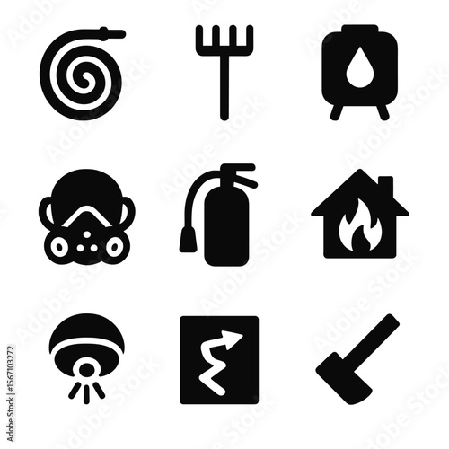 Wildfire Defense Icons. Solid, filled icon set of wildfire defense measures: fire hose, metal rake, water tank, face mask, fire