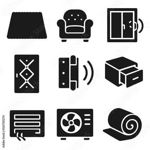 Quiet Home Icon Set. Solid, filled icons set of quiet home design: thick rug, padded furniture, sealed window
