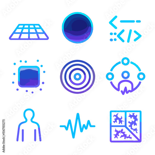 Quantum Tech Icons. Solid, filled icons set of future tech aesthetics with quantum theme: neon grid, glowing