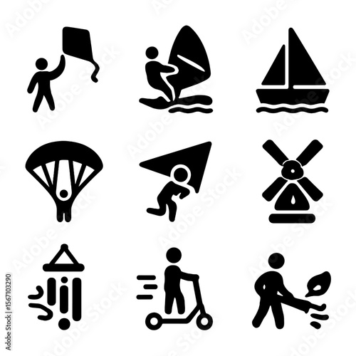 Wind Activity Icons. Solid, filled icon set of wind-related outdoor activities: kite flying, windsurfing, sailing boat,
