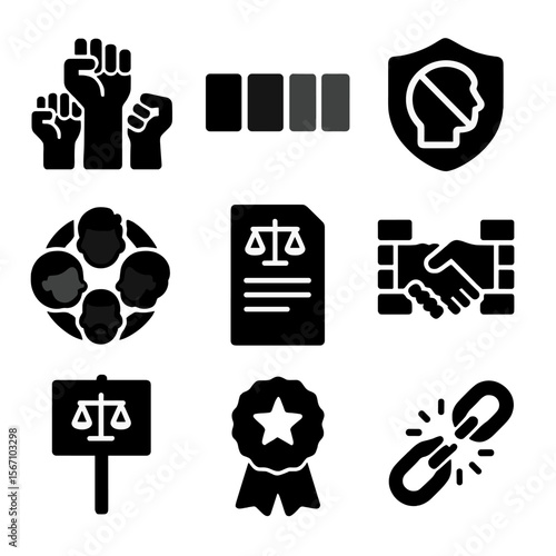 Icons of Racial Unity. Solid, filled icons set of disrupting racial bias: unity fists, skin tone palette, anti