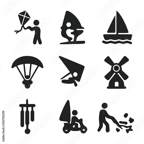 Wind Activity Icons. Solid, filled icon set of wind-related outdoor activities: kite flying, windsurfing, sailing boat,