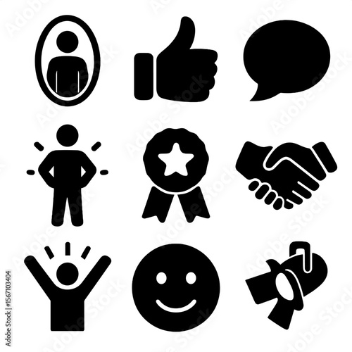 Rebuilding Confidence Icons. Solid, filled icons set of rebuilding confidence: mirror reflection, thumbs up,