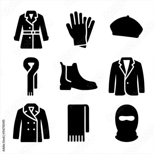 Winter Fashion Icons. Solid, filled icon set of winter fashion for urban style: trench coat, leather gloves, knit beret, slim