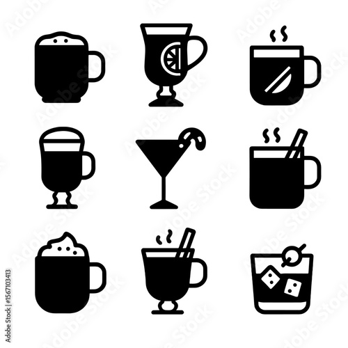 Winter Cocktail Icons. Solid, filled icon set of winter cocktails: eggnog, mulled wine, hot toddy, Irish coffee, spiked cider,