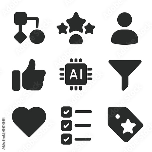 Recommendation Icons Grid. Solid, filled icons set of recommendation engines: algorithm icon, star rating,