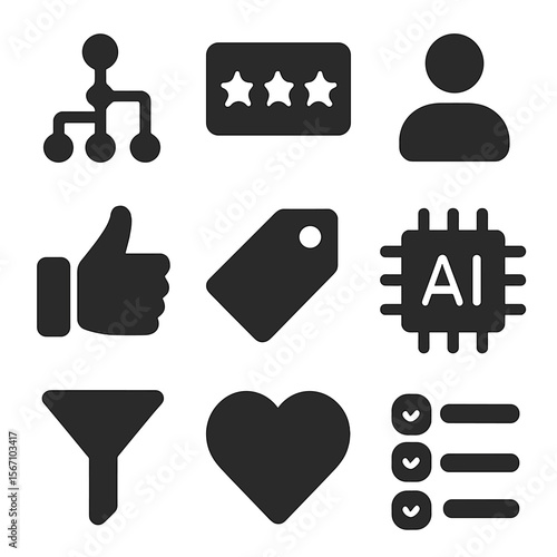 Recommendation Icons Grid. Solid, filled icons set of recommendation engines: algorithm icon, star rating,