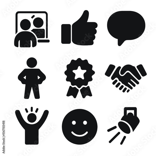 Rebuilding Confidence Icons. Solid, filled icons set of rebuilding confidence: mirror reflection, thumbs up,