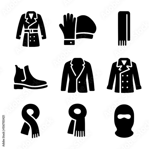 Winter Fashion Icons. Solid, filled icon set of winter fashion for urban style: trench coat, leather gloves, knit beret, slim