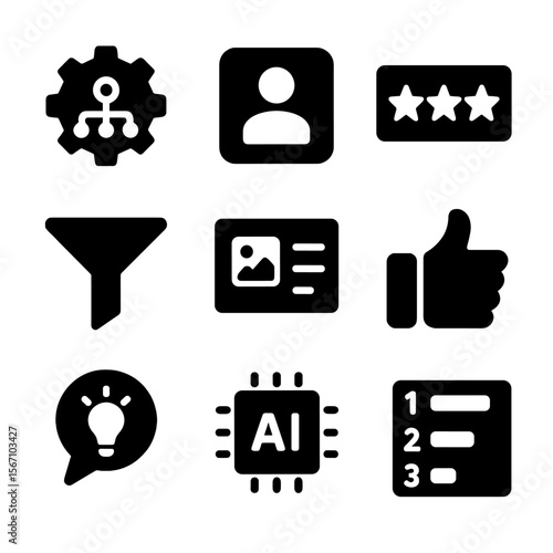 Recommendation System Icons. Solid, filled icons set of recommendation engines: algorithm gear, user profile,