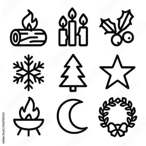Winter Solstice Icons. Solid, filled icon set of Winter solstice celebration: Yule log, candles, holly, snowflakes, evergreen tree
