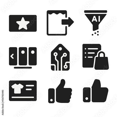 Recommendation System Icons. Solid, filled icons set of recommendation systems: star rating, suggested item,