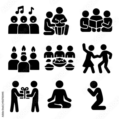 Winter Solstice Icons. Solid, filled icon set of Winter solstice community activities: group singing, drum circle, storytelling,