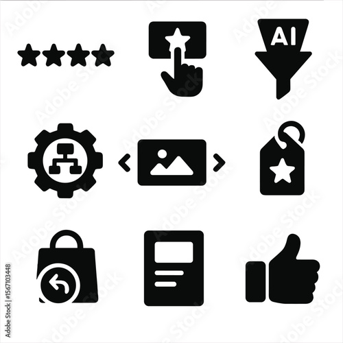 Recommendation System Icons. Solid, filled icons set of recommendation systems: star rating, suggested item,