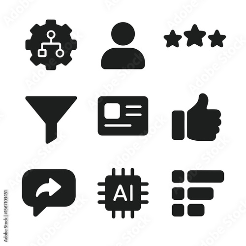 Recommendation System Icons. Solid, filled icons set of recommendation engines: algorithm gear, user profile,