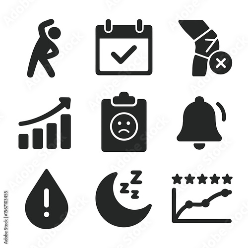 Recovery App Icons. Solid, filled icons set of recovery-focused mobile apps: stretch routine icon, recovery