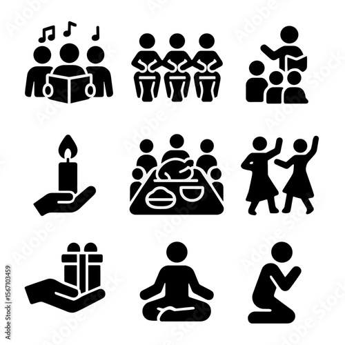 Winter Solstice Icons. Solid, filled icon set of Winter solstice community activities: group singing, drum circle, storytelling,