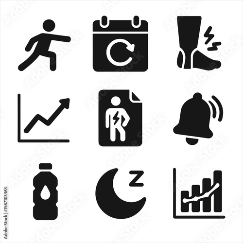 Recovery App Icons. Solid, filled icons set of recovery-focused mobile apps: stretch routine icon, recovery