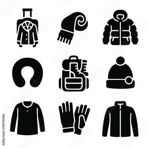 Winter Travel Essentials Icons. Solid, filled icon set of travel-ready winter looks: suitcase with coat, packed scarf, foldable