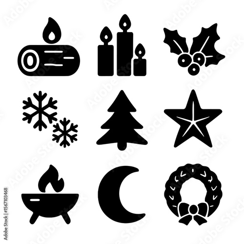 Winter Solstice Icons. Solid, filled icon set of Winter solstice celebration: Yule log, candles, holly, snowflakes, evergreen tree