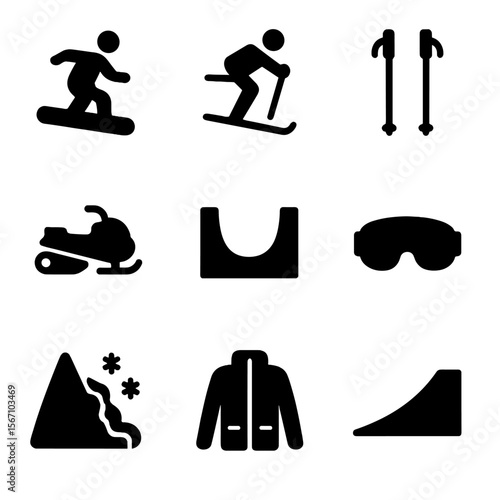 Winter Sports Icons Grid. Solid, filled icon set of extreme winter sports: snowboarder, skier, ski poles, snowmobile, halfpipe,
