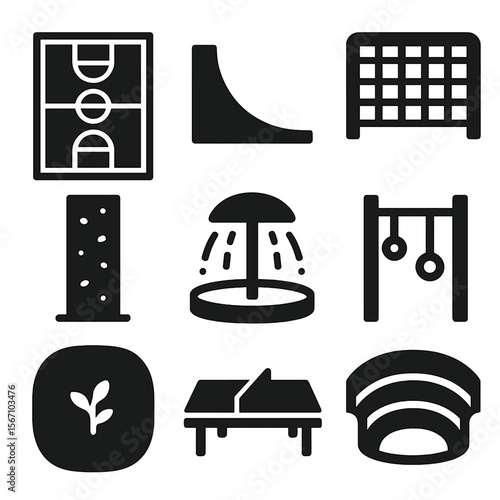 Recreational Park Icons. Solid, filled icons set of recreational structures in parks: basketball court, skate