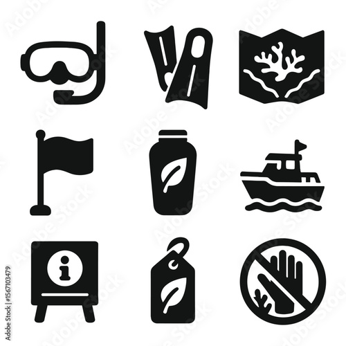 Reef-Safe Tourism Icons. Solid, filled icons set of reef-safe tourism: snorkeling mask, flipper icon, reef map