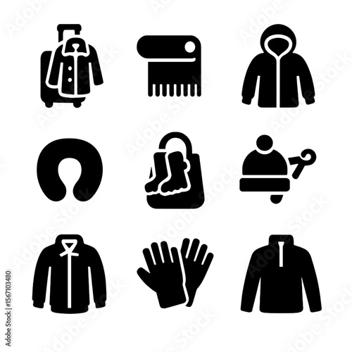 Winter Travel Essentials Icons. Solid, filled icon set of travel-ready winter looks: suitcase with coat, packed scarf, foldable