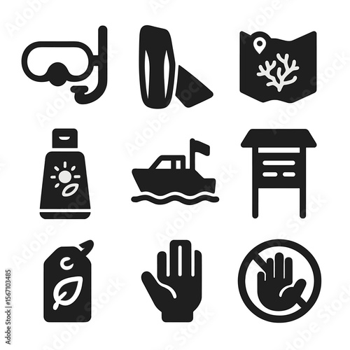 Reef-Safe Tourism Icons. Solid, filled icons set of reef-safe tourism: snorkeling mask, flipper icon, reef map