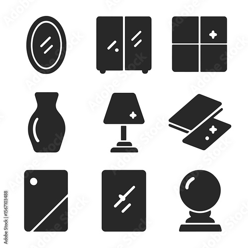 Reflective Surfaces Icons. Solid, filled icons set of reflective surfaces in interiors: wall mirror, mirrored