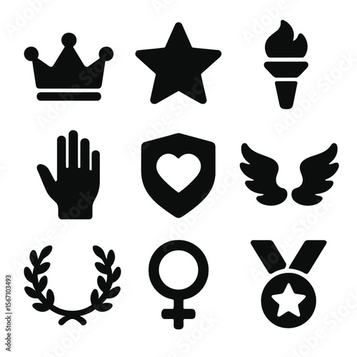 Women Empowerment Icons. Solid, filled icon set of women empowerment symbols: crown, star, torch, raised hand, heart shield, wings