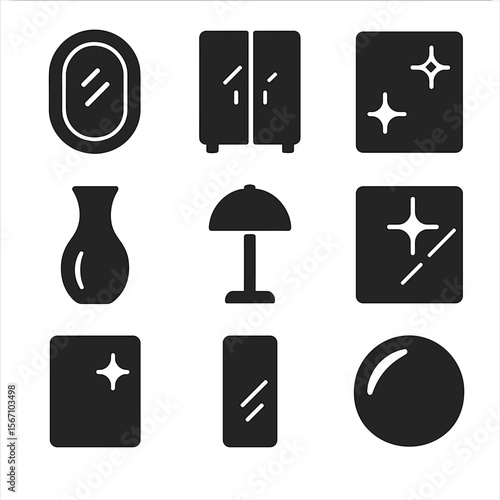 Reflective Surfaces Icons. Solid, filled icons set of reflective surfaces in interiors: wall mirror, mirrored