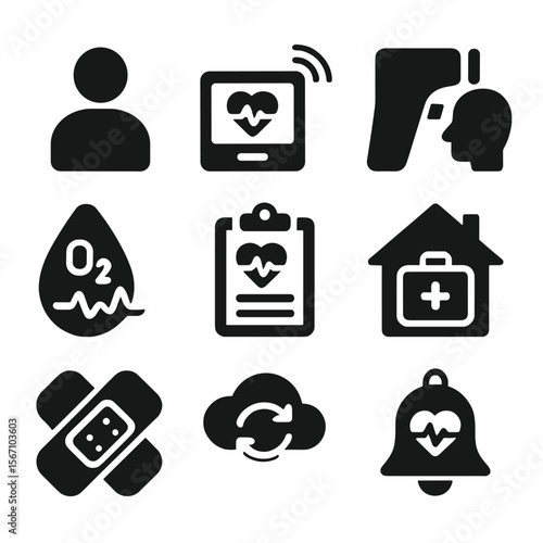 Remote Patient Care Icons. Solid, filled icons set of remote patient care tools: patient icon, wireless