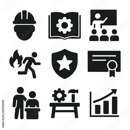 Workforce Training Icons. Solid, filled icon set of workforce and training: hard hat on head, training manual, group seminar,