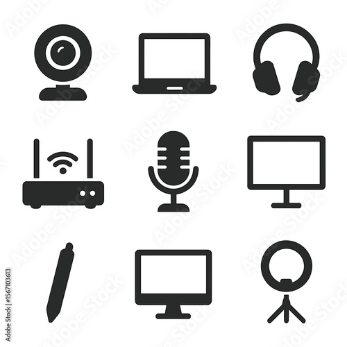 Remote Learning Icons. Solid, filled icons set of remote learning hardware: webcam, laptop, headphones, Wi-Fi