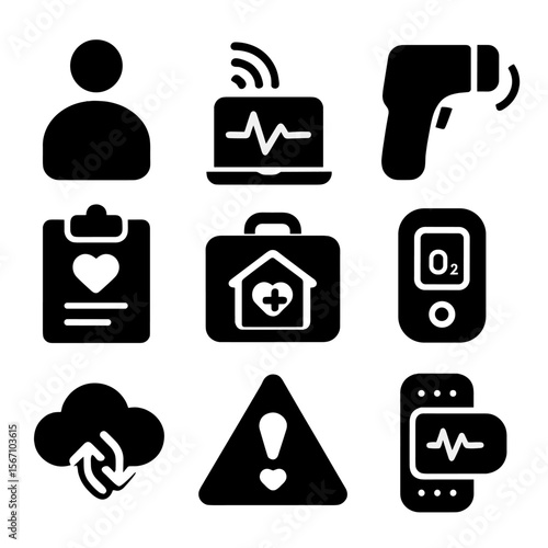 Remote Patient Care Icons. Solid, filled icons set of remote patient care tools: patient icon, wireless