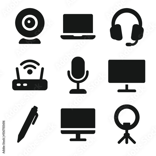 Remote Learning Icons. Solid, filled icons set of remote learning hardware: webcam, laptop, headphones, Wi-Fi