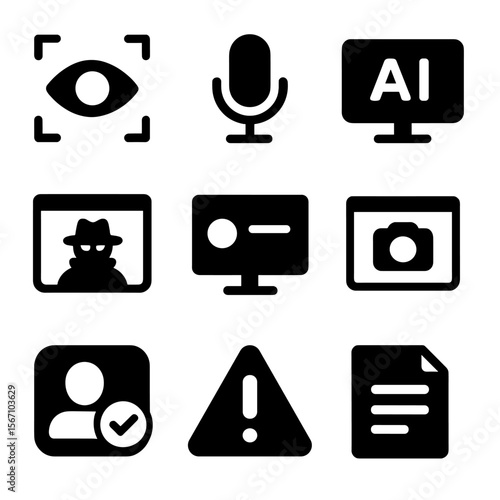 Remote Proctoring Icons. Solid, filled icons set of remote proctoring technology: eye tracking, microphone