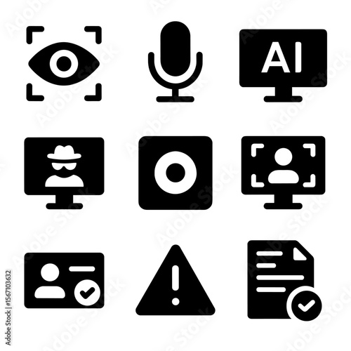 Remote Proctoring Icons. Solid, filled icons set of remote proctoring technology: eye tracking, microphone