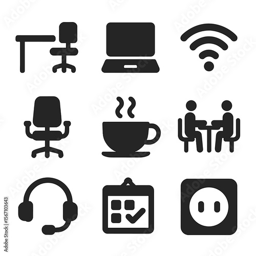 Remote Work Icons. Solid, filled icons set of remote work hubs: coworking desk, laptop icon, Wi-Fi signal,