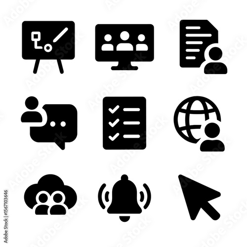 Remote Teamwork Icons. Solid, filled icons set of remote teamwork in motion: virtual whiteboard, team video