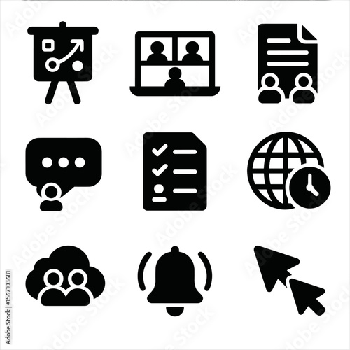 Remote Teamwork Icons. Solid, filled icons set of remote teamwork in motion: virtual whiteboard, team video