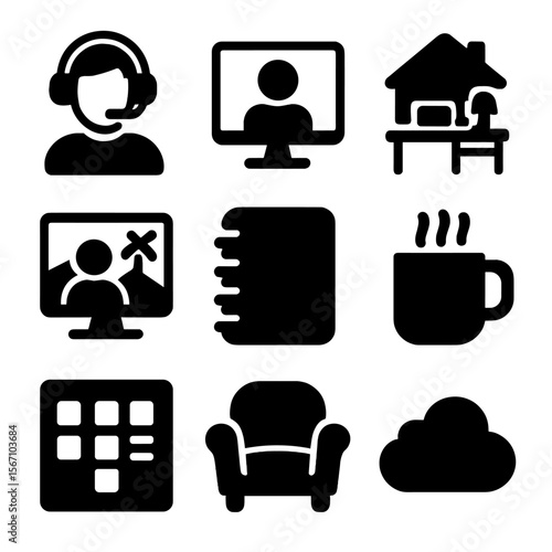 Remote Work Icon Set. Solid, filled icons set of remote work routines: headset manager, video call screen,